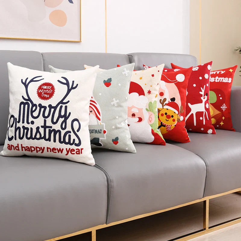 Embroidered Santa Deer Snowflake Pillow Cover 45x45cm for Sofa Bed by Axyaa