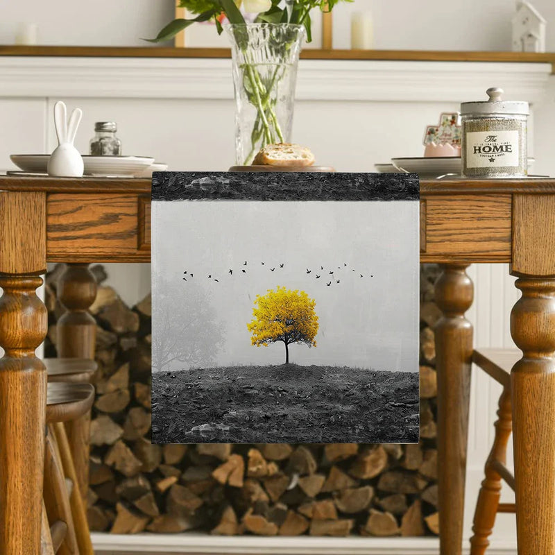Axyaa Yellow Tree Birds Table Runner for Kitchen Dining Wedding Party