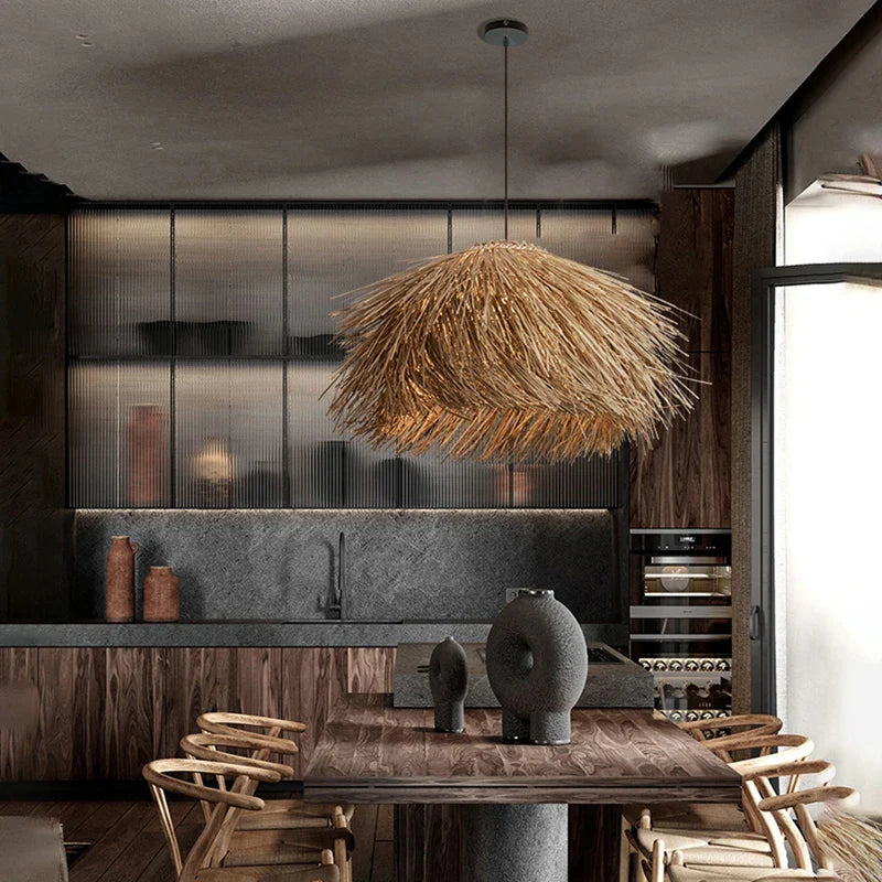 Axyaa Wabi Sabi Rattan LED Pendant Lights for Home Decor and Dining Chandelier