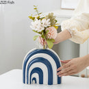 Axyaa Blue & White Stripes Ceramic Vase with Artificial Flowers for Aesthetic Room Decor