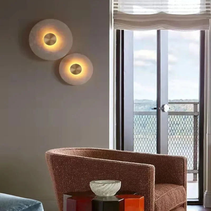 Art Deco Round LED Marble Brass Wall Sconce by Axyaa - Elegant Parlor Aisle Corridor Lighting
