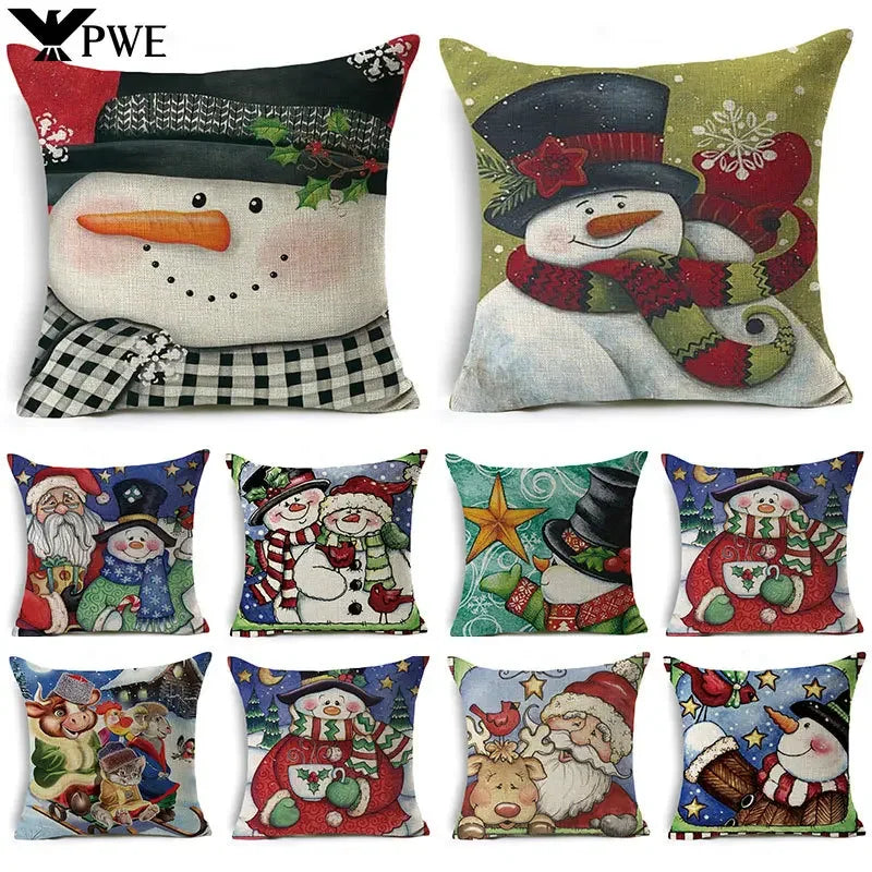 Axyaa Christmas Santa Snowman Pillowcase - Linen Cushion Cover 18*18 inch
