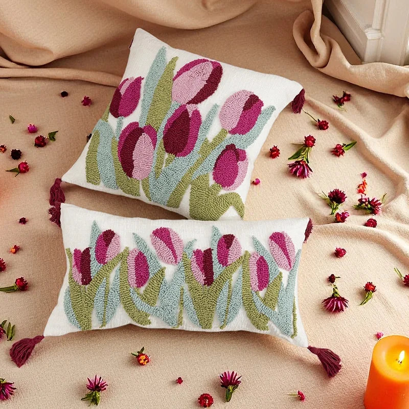 Axyaa Tufted Tulip Plant Leaves Chenille Tassel Cushion Cover for Home Decoration