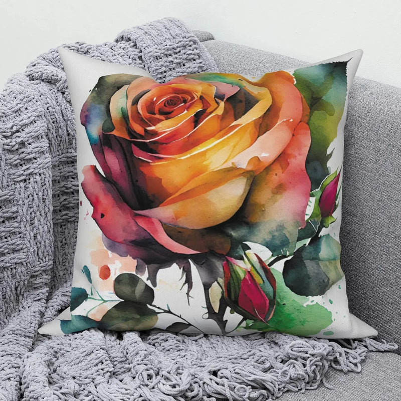 Axyaa Rose Flower Print Square Cushion Cover Pillowcase