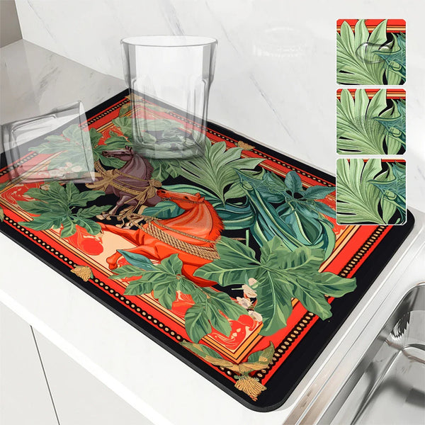 Axyaa Flower Print Drying Mat: Absorbent, Anti-Slip Placemat for Table Cups