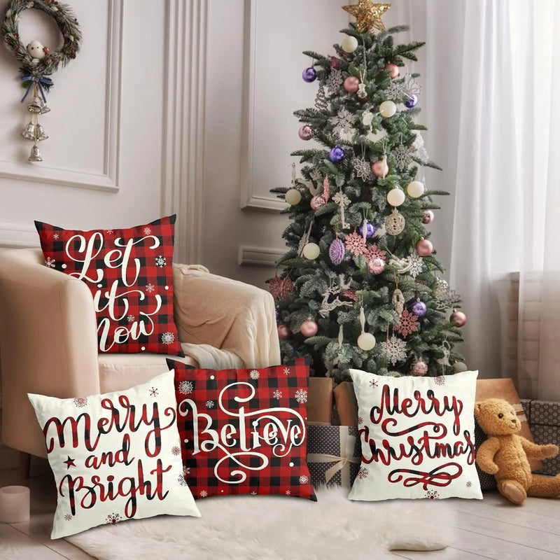 Axyaa Christmas Cushion Cover Set - Joyful Tree Print Sofa Pillowcases, 45x45 Linen Square