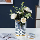 Axyaa Geometric Stripe Ceramic Storage Jar with Lid Porcelain Vase Modern Decor