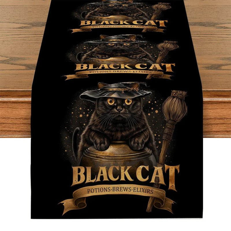 Axyaa Black Cat Broom Jar Hat Table Runner Halloween Decor