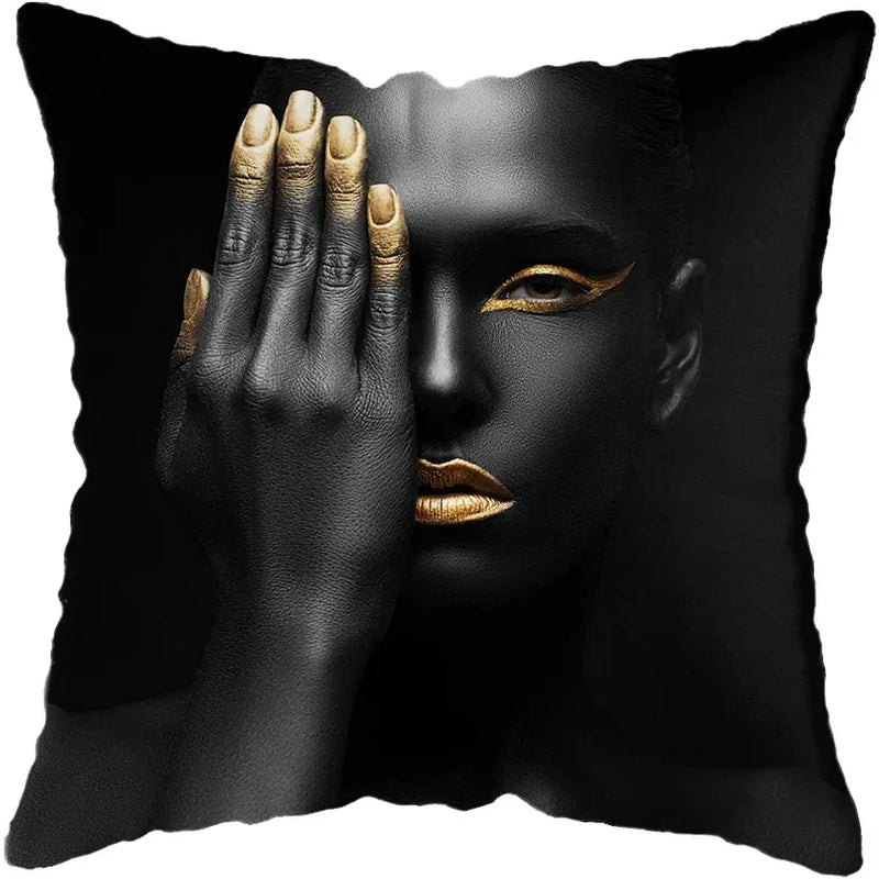 Axyaa Black Gold African Lady Woman Art Deco Pillowcase