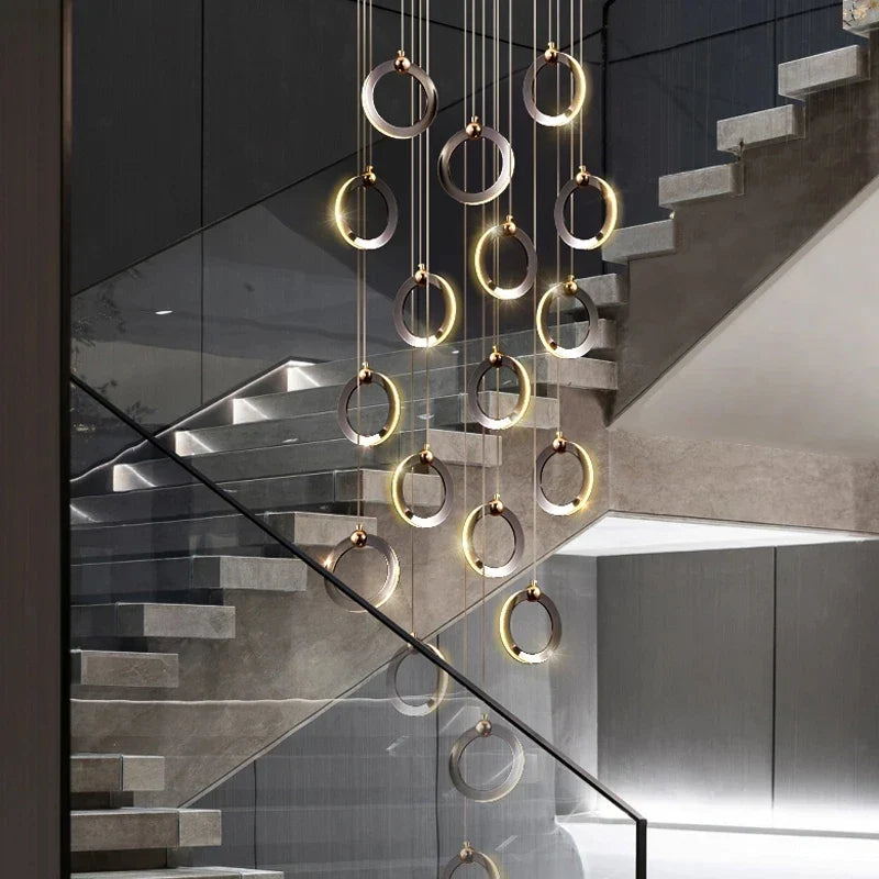 Axyaa Crystal LED Chandelier for Staircase - Minimalist Aluminum Rings, Luxury Round Hanging Lamps