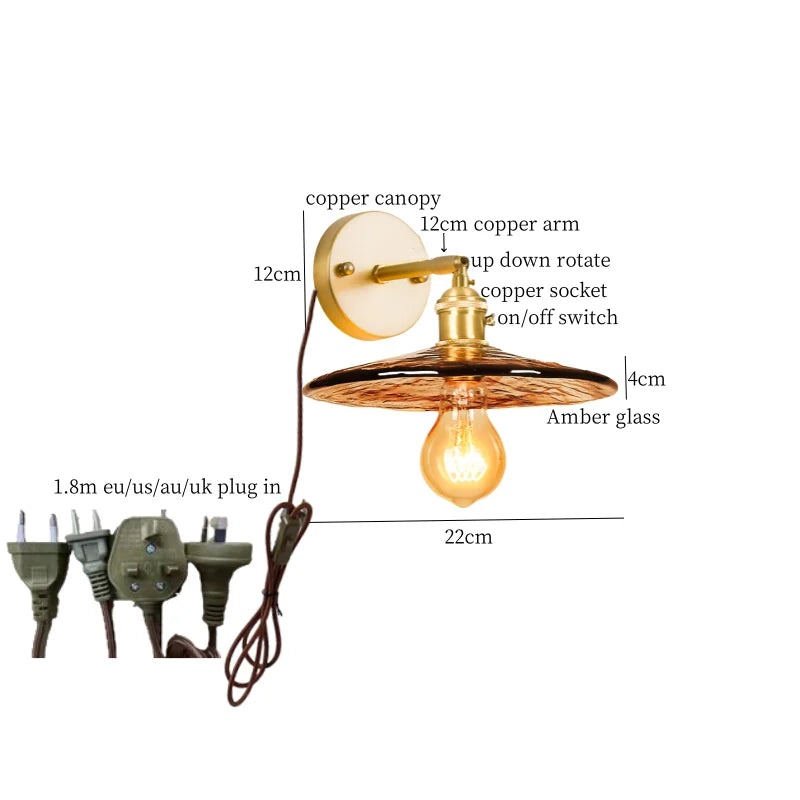 Axyaa Glass LED Wall Sconce Light Pull Chain Copper Applique Murale