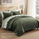 Axyaa Olive Green Velvet King Quilt with 2 Shams - Luxurious Striped Design