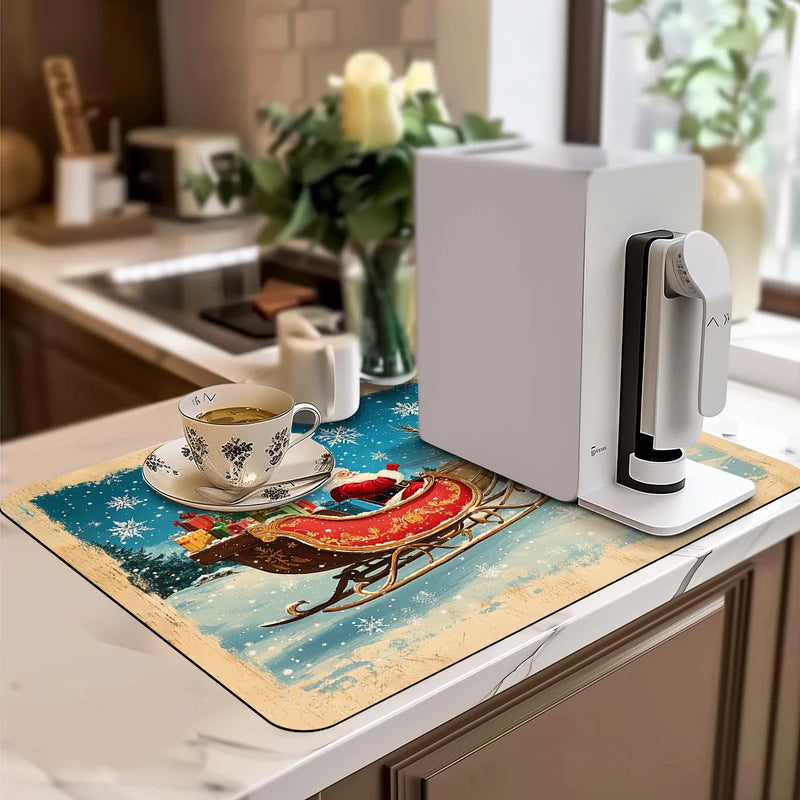 Axyaa Christmas Santa Kitchen Absorbent Mat - Antiskid & Quick Draining Tableware Mat