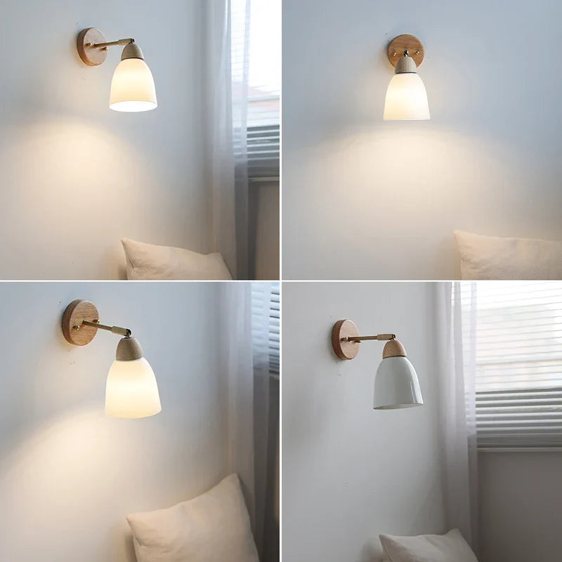 Axyaa White Ceramic LED Wall Sconce – Wooden Socket Stair Wall Light