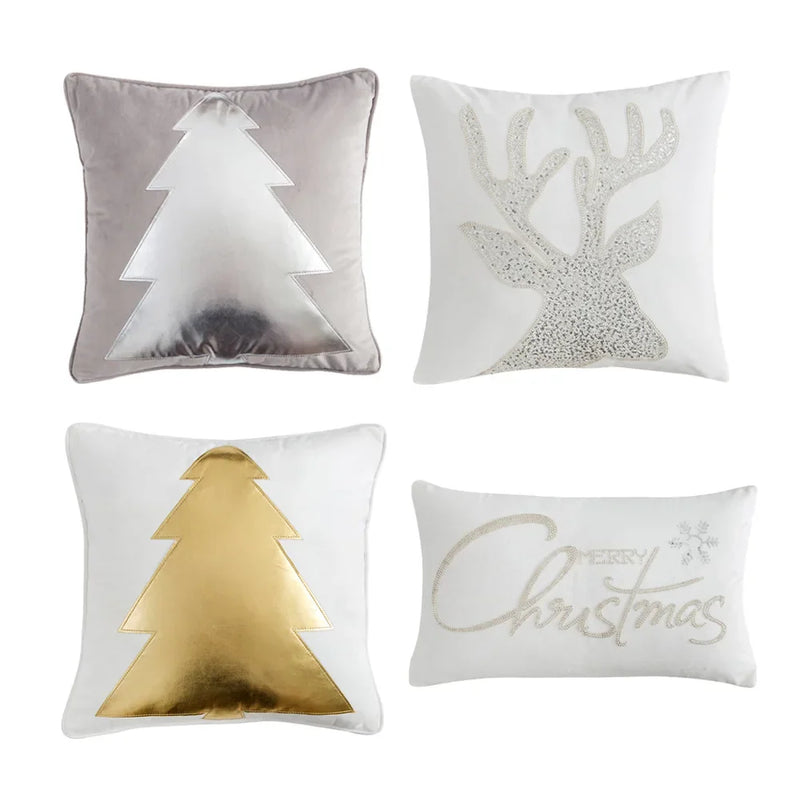 Grey Deer Christmas Tree Embroidered Cushion Cover by Axyaa – Cozy Living Room Decor