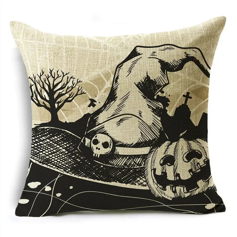 Axyaa Skull Pumpkin Printed Linen Throw Pillowcase for Living Room Party