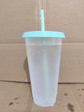 Color Changing Plastic Cup with Lid & Straw, Reusable for Cold/Hot Drinks, Confetti Pattern, Axyaa