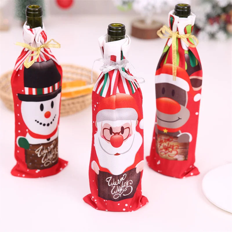 Axyaa Christmas Wine Bottle Covers Santa Claus Snowman Elk Xmas Table Festival Decoration