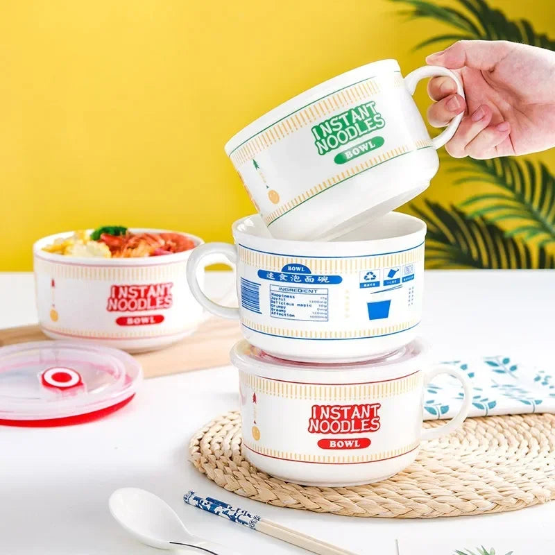 Axyaa Ceramic Noodle Bowl with Lid - Large Capacity Soup & Salad Lunch Box