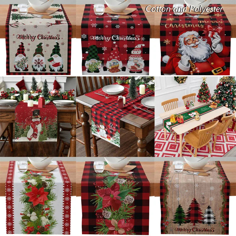 Axyaa Christmas Table Runner with Festive Gnome Tree Snowman Design