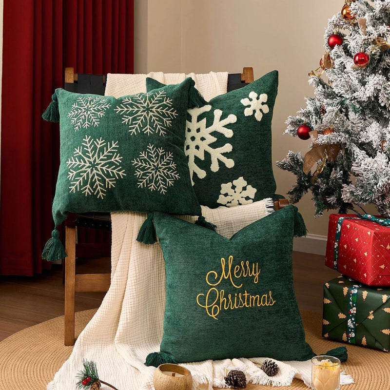 Axyaa Christmas Tree Bell Cushion Cover - Green Red Snowflakes, Pompom Balls Embroidery