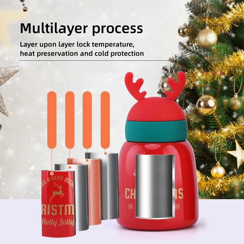 Axyaa Cartoon Antler Stainless Steel Thermos Cups: Festive Couple Cups for Christmas, New Year.