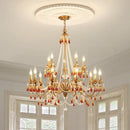 French Crystal Chandelier: Axyaa Luxury Copper LED Pendant Light, Red Crystal Hanging Lamp.