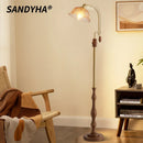 Axyaa French Retro Wooden Brass Floor Lamp with Glass Lampshade for Living Room