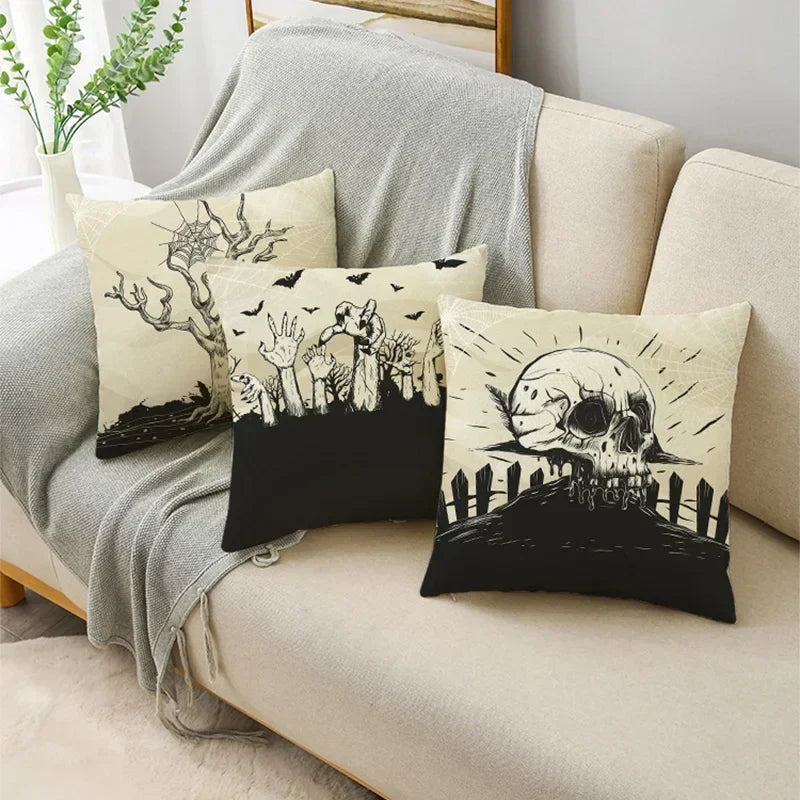 Axyaa Skull Pumpkin Printed Linen Throw Pillowcase for Living Room Party