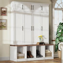 Axyaa Wide Farmhouse Hall Tree with Walnut Bench and 8-Door Shoe Cabinet