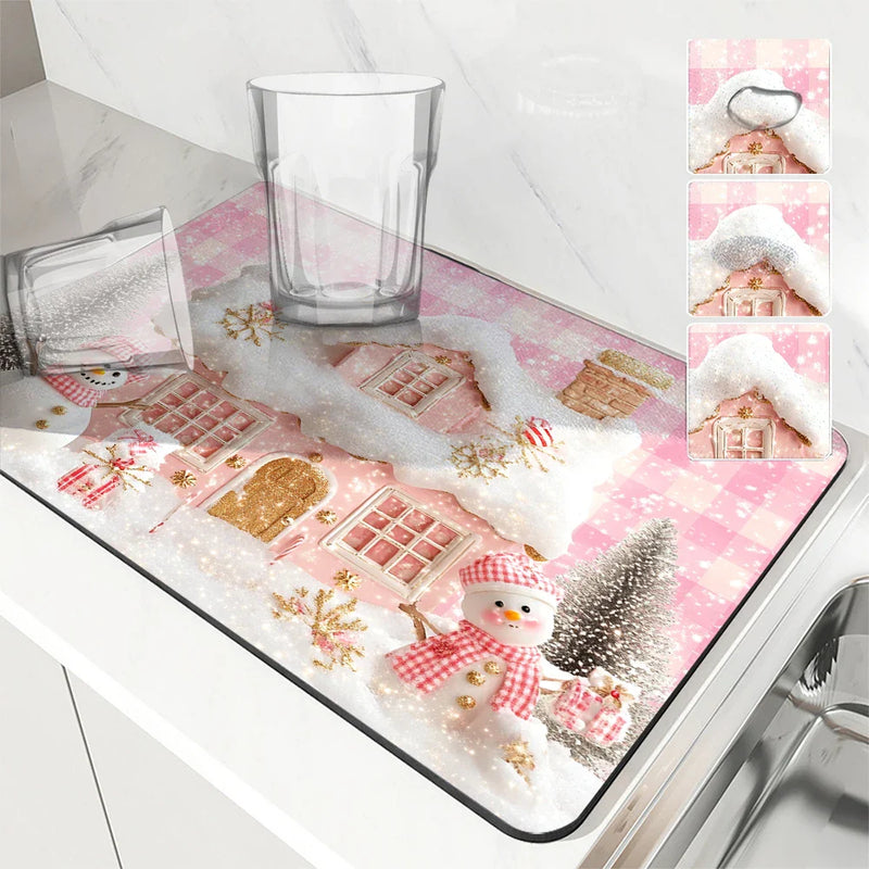 Axyaa Christmas Pink House Absorbent Drying Mat