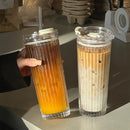 Axyaa Stripe Glass Cup with Lid and Straw, Transparent Coffee Mug, 600ML