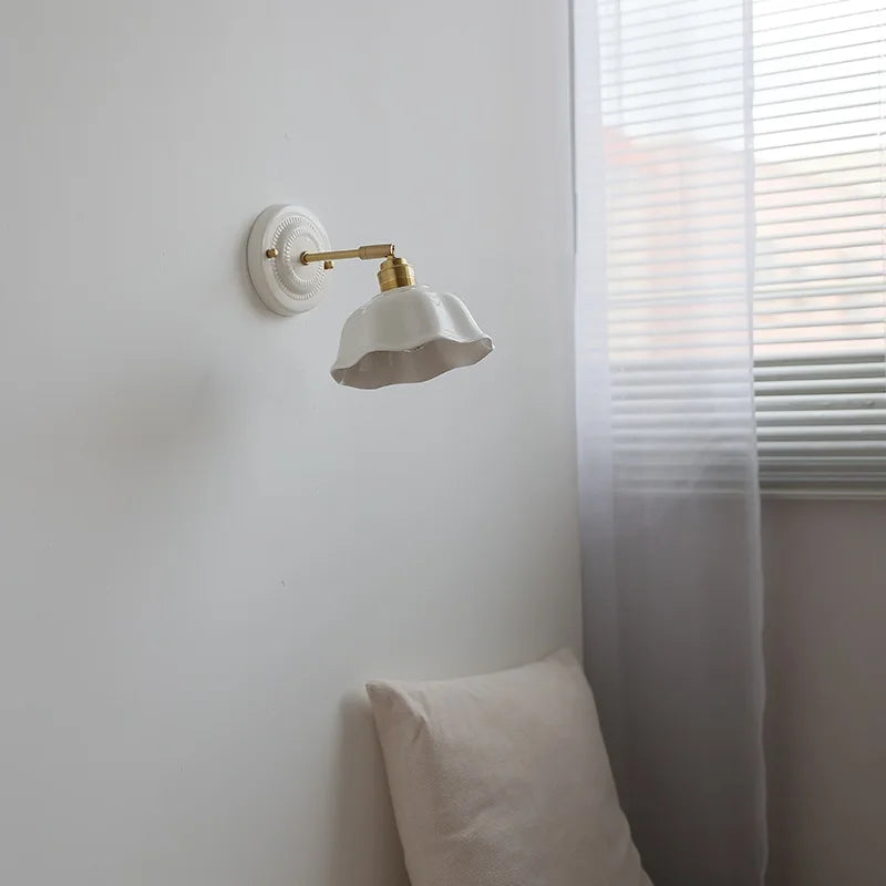 Axyaa White Ceramic LED Wall Sconce with Copper Arm for Modern Living Spaces