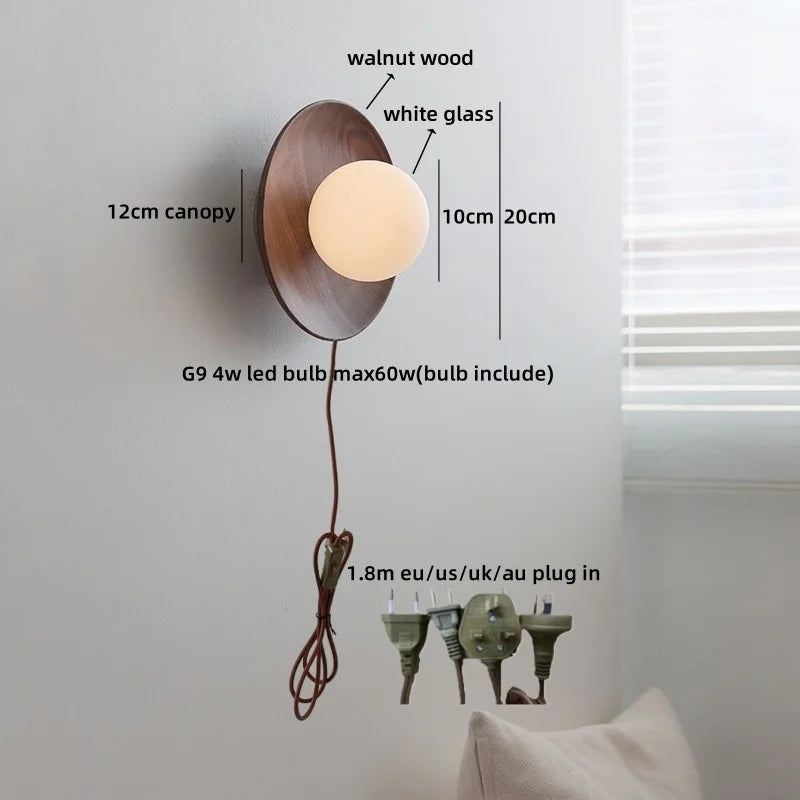 Axyaa White Glass Ball LED Wall Lamps With Switch - Modern Wooden Stair Light Fixtures.