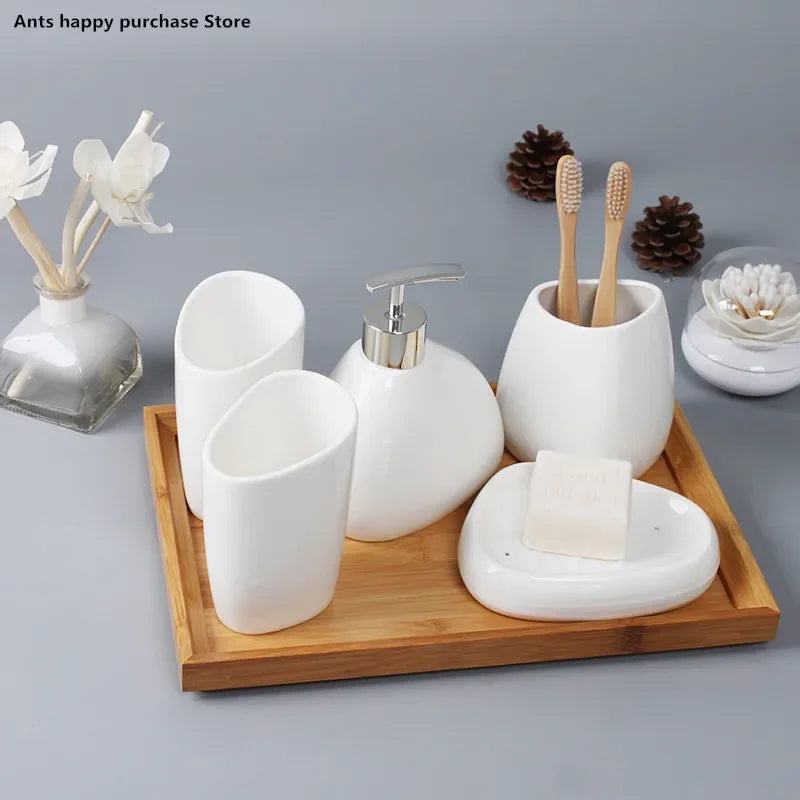 Axya Ceramic Bathroom Set: Soap Dispenser, Toothbrush Holder, Tumbler, Soap Dish & Cotton Swab Holder