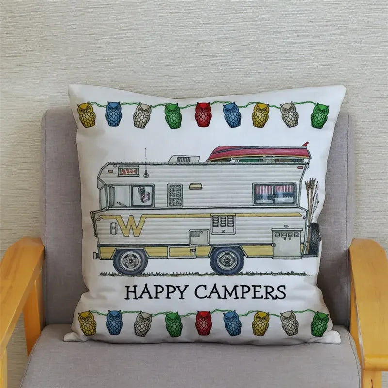 Happy Campers Owl Motorhome Print Pillow Case by Axyaa