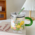 Axyaa Glass Cup with Lid and Straw, 600ml Cute Flower Design Mug