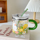 Axyaa Glass Cup with Lid and Straw, 600ml Cute Flower Design Mug