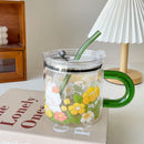 Axyaa Kawaii Animal Glass Cup With Lid and Straw, 600ml
