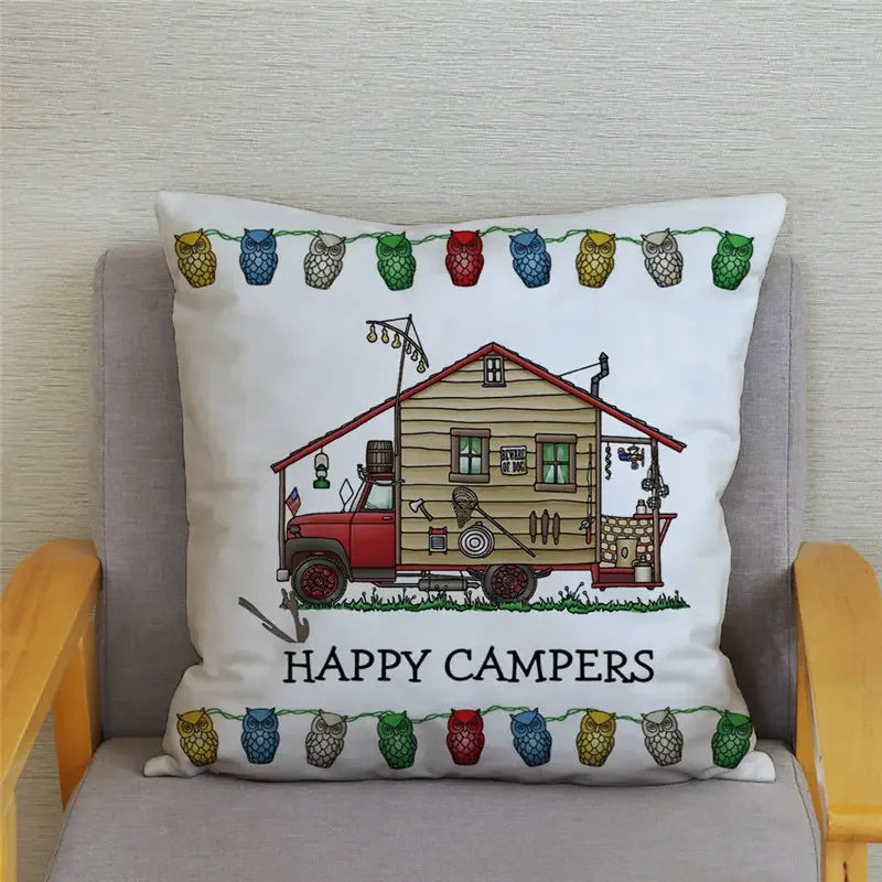 Happy Campers Owl Motorhome Print Pillow Case by Axyaa