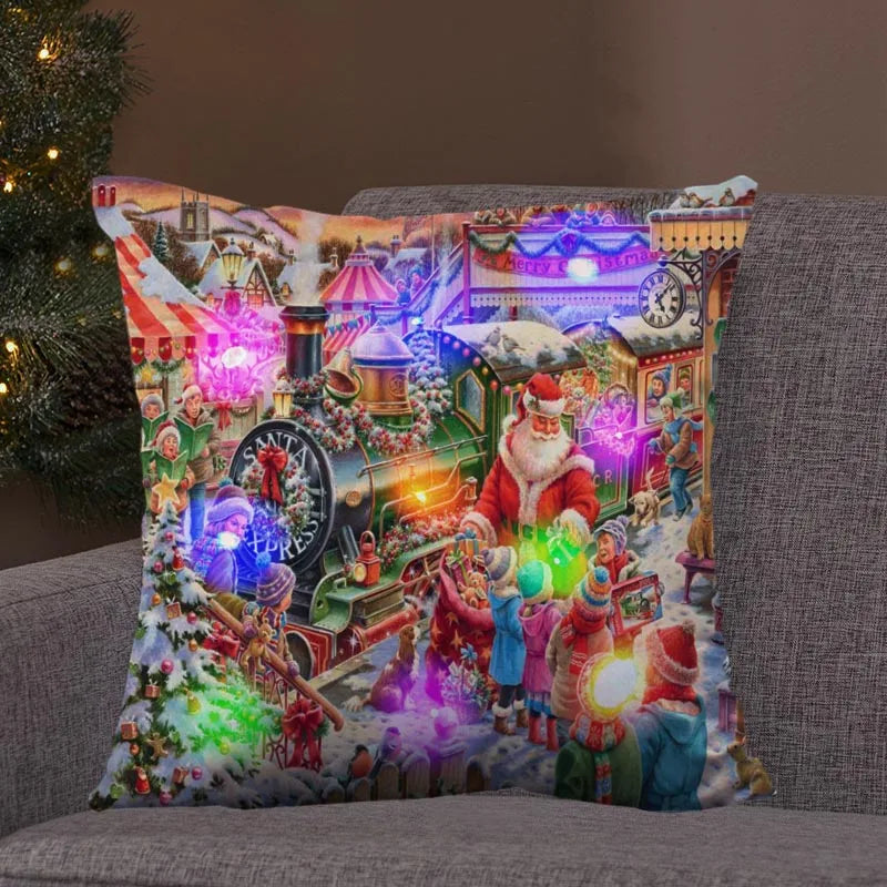 Axyaa LED Retro Santa Christmas Lights Pillowcase Home Decor 45x45
