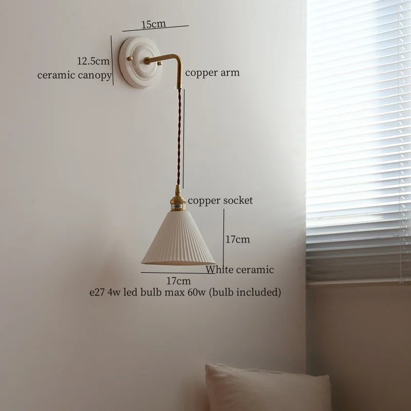 Axyaa Small Pleats Ceramic LED Wall Light Fixture Copper Arm Pull Chain Switch