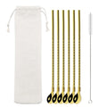 Axyaa Twisted Straw Spoon Set: 6pcs Reusable Stainless Steel Straws, Gold Tea Scoop, Black Dinnerware