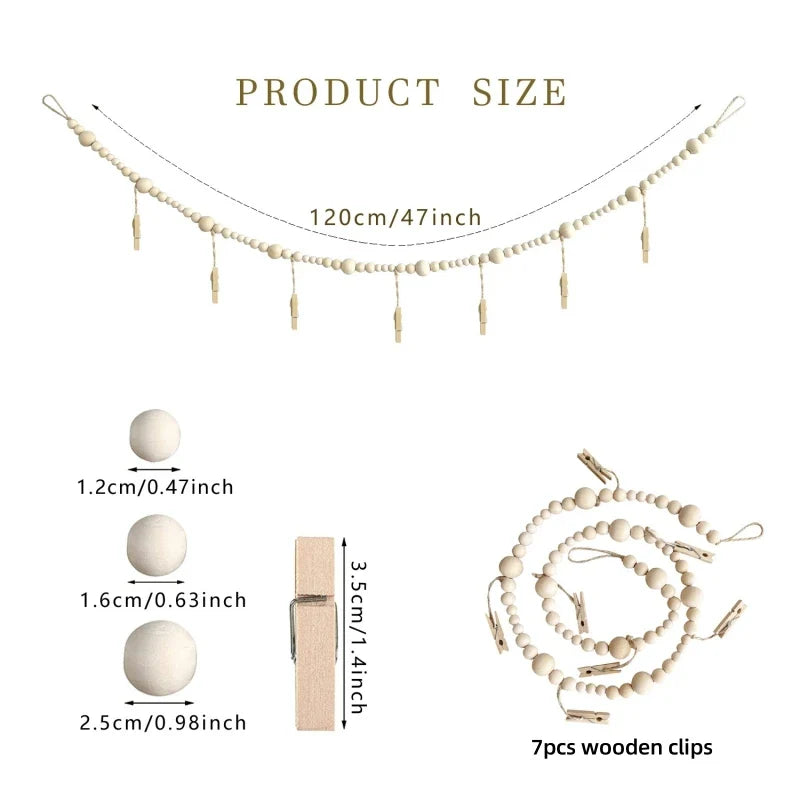Wooden Bead Garland Photo Display Wall Decor by Axyaa