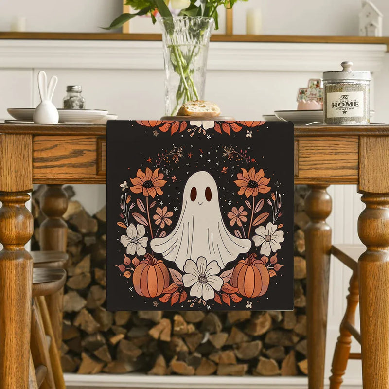 Axyaa Cute Ghost Chrysanthemum Table Runner - Halloween Party Decor and Dresser Table Accent
