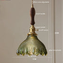 Axyaa Green Glass LED Pendant Lamp with Copper Wood Handle