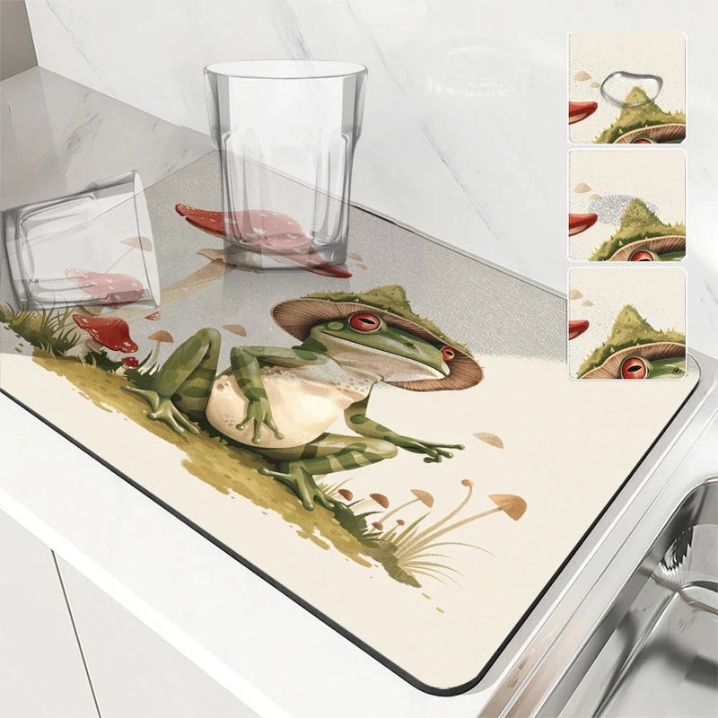 Axyaa Watercolor Frog Mushroom Kitchen Drying Mat