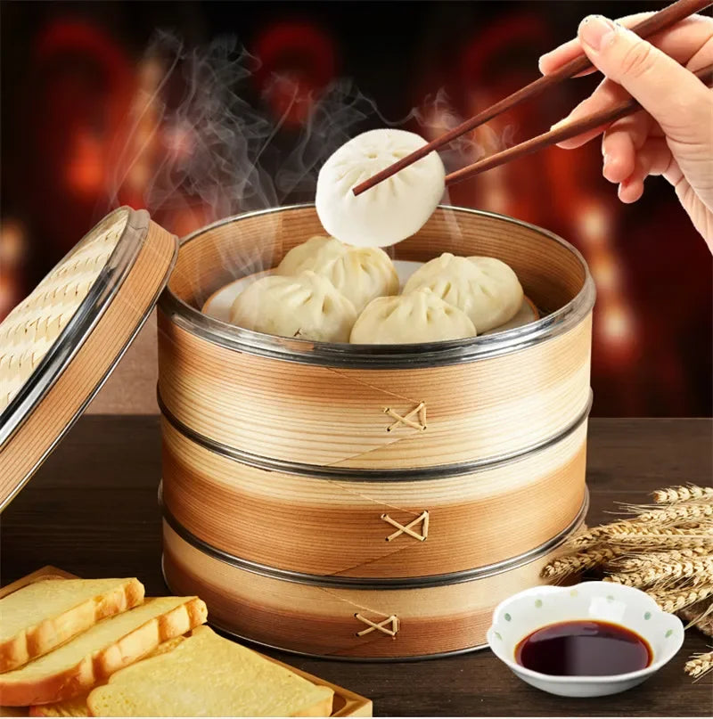 Axya Bamboo Steamer Set for Cooking, 3-Tier Fish Rice Snack Basket & Dumpling Pot