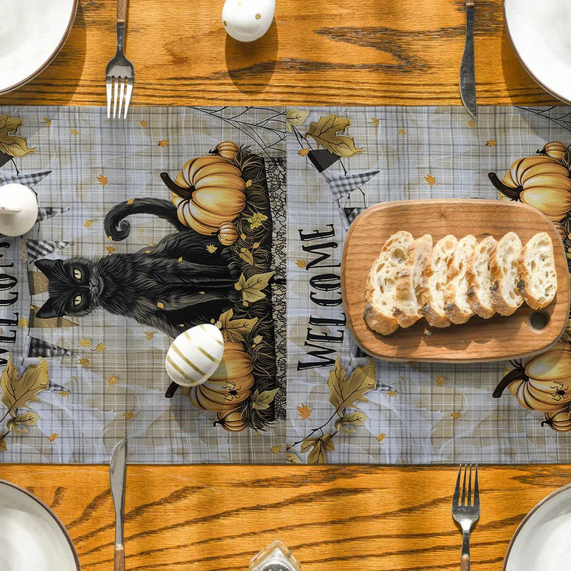 Axyaa Halloween Plaid Pumpkin Cat Spider Table Runner for Home Wedding Party Decor