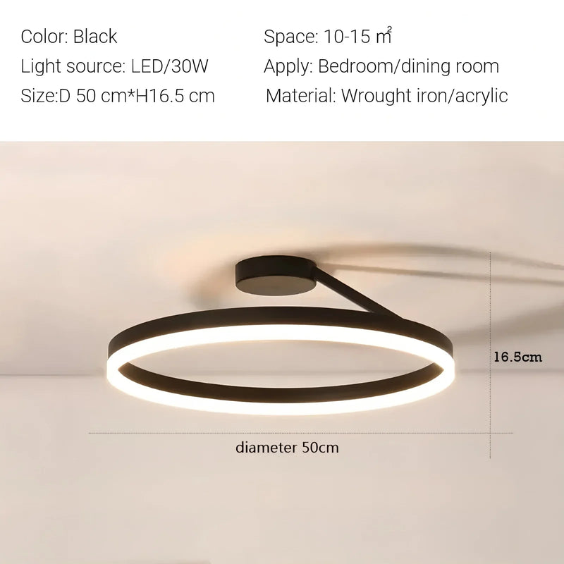 Axyaa Nordic Round Ring LED Ceiling Light Black Gloss Bedroom Fixture